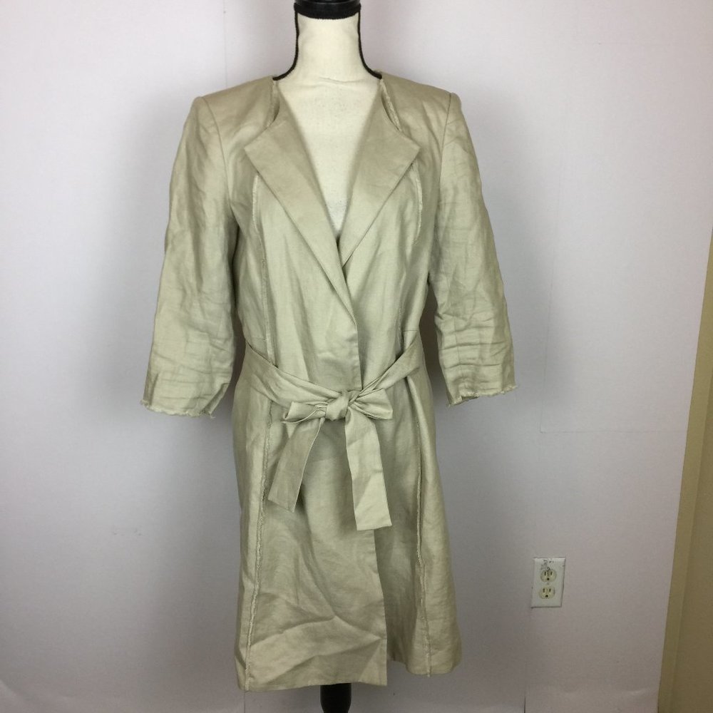 Lafayette 148 Nicholas Trench Coat Size 12 Womans Beige Longline Linen Belted